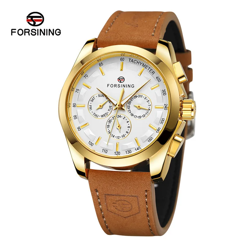 Fashion Forsining Top Brand Men\'s Weekly Calendar Genuine Leather Leisure 3 Eyes 6 Needles Business Automatic Mechanical Watches