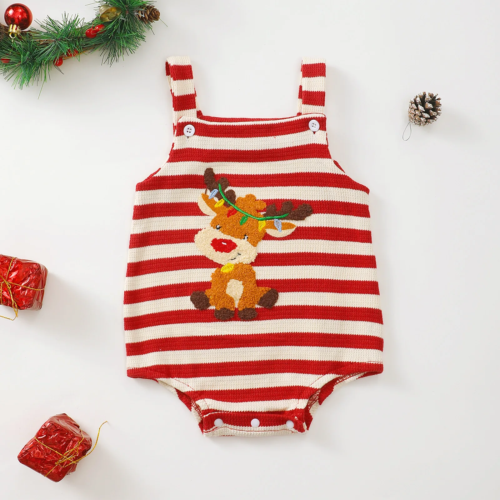 Weihnachten besticktes Muster Baby Strampler mit Trägern Urlaub Baby Body Säuglingskleidung Festliches Baby Outfit – Detail 7