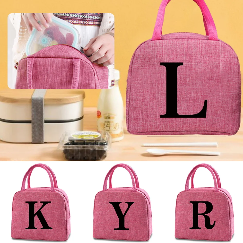 

Portable Lunch Bag Thermal Insulated Lunch Box Tote Cooler Handbag Black Letter Print Bento Pouch Food Container Storage Bags