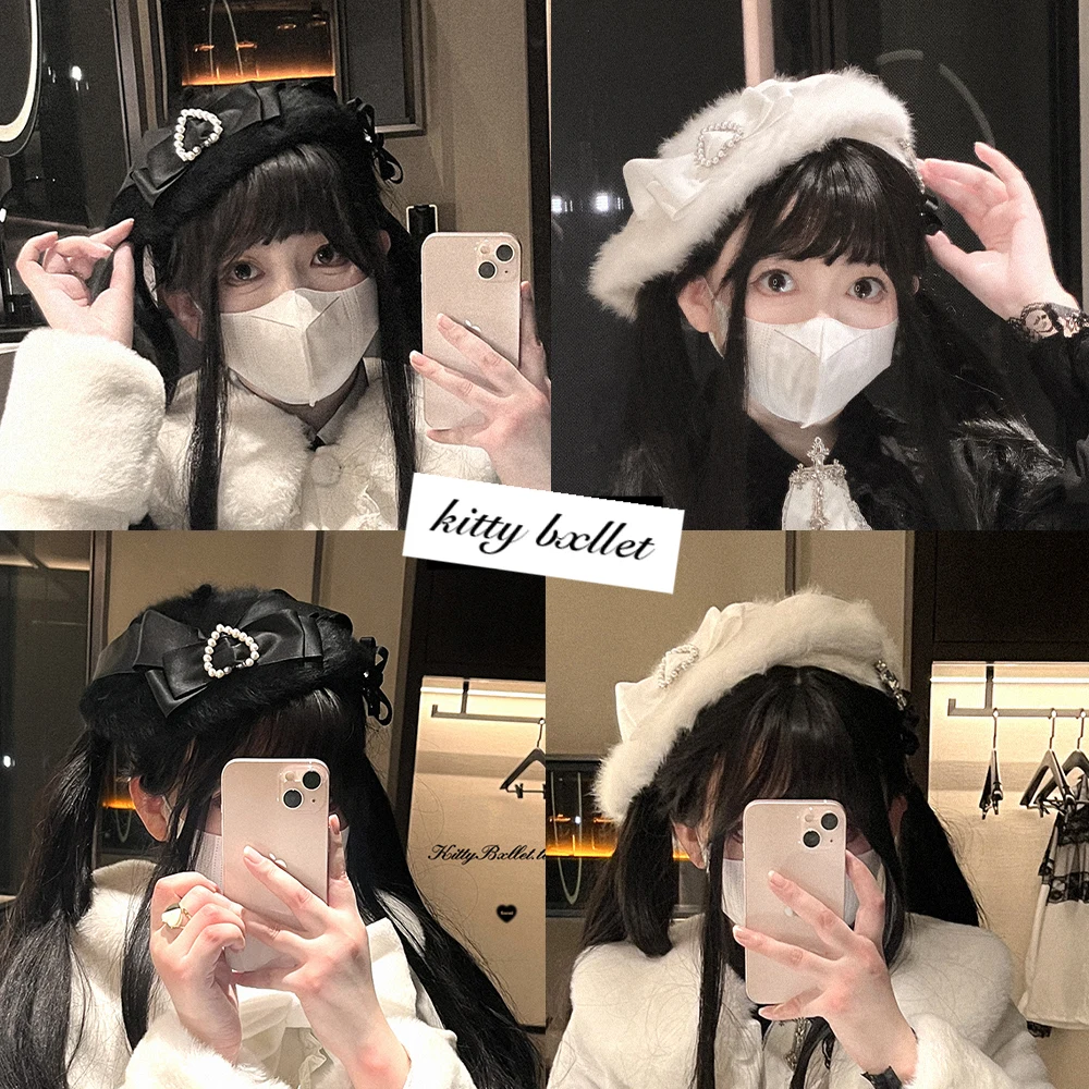 Japanese Original Mine Series Mass-produced Lolita Sweet Heart Knot Ribbon Plush Beret Women's Autumn Winter Warm Versatile Hat