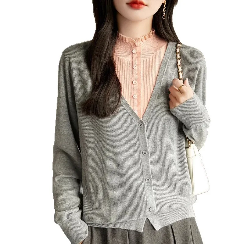 Women Faux Two Piece Knit Cardigan Organza Ruffle Collar Soft Wool Blend Sweater