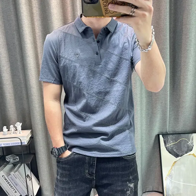 LIBIELIY Fashion Lapel Button Spliced Casual Embroidery Polo Shirts Men Clothing 2024 Summer New Loose All-match Tops England Te