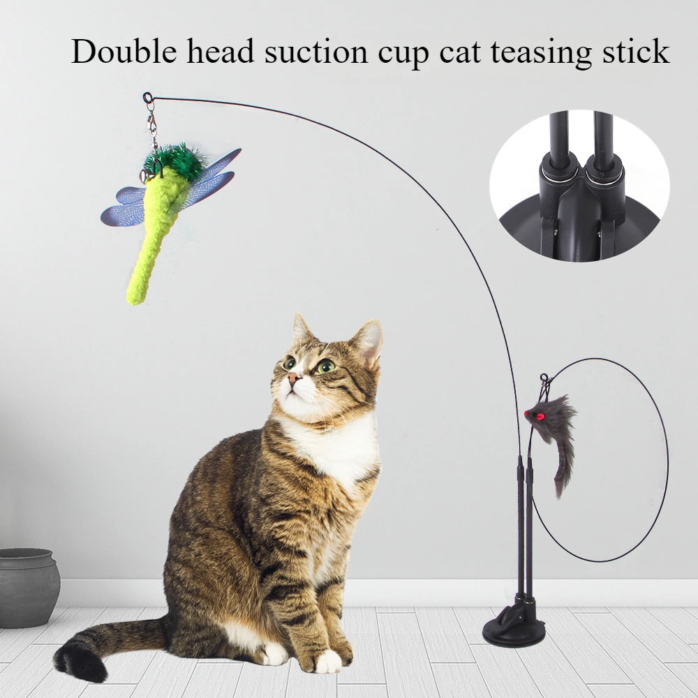 Double Head Suction Cup Cat Teasing Stick Can Adsorb Handheld Steel Wire Double Head Feather Replacement Head Pet Toy