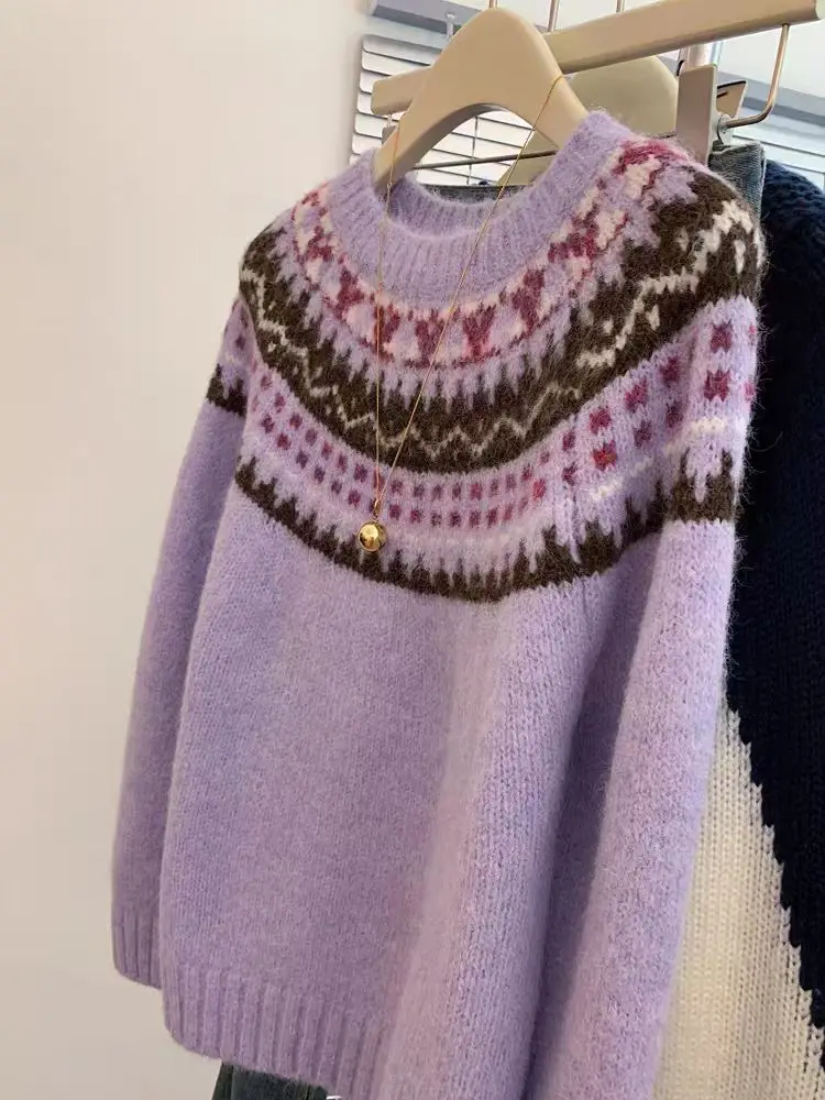 

Корейский сладкий фиолетовый остров Фер с круглым вырезом, рождественский жаккардовый вязаный свитер, женский осенне-зимний теплый трикотаж, джемперы с длинными рукавами