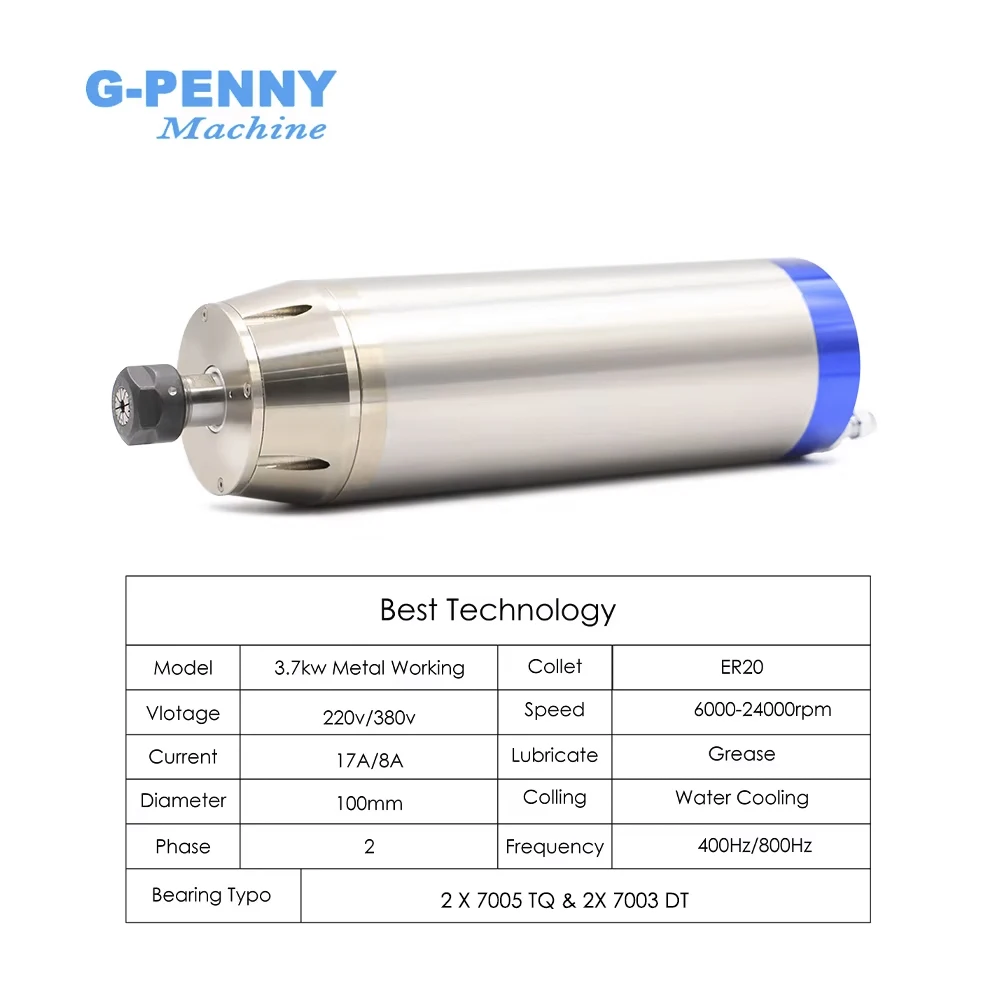 3.7kw Metal Working Spindle ER20 For Stainless Steel Copper Steel Iron 800Hz 6000-12000rpm  Pole=4 Water Cooled Spindle Motor