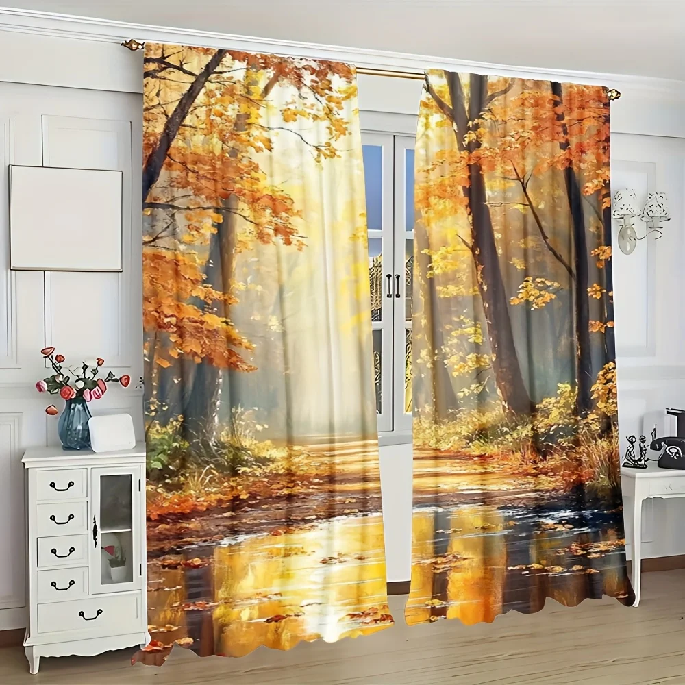 2pcs Autumn Forest River Print Curtains, 100% Polyester, Semi-Transparent, Machine Washable, Modern Art Deco Style, Rod Pocket D