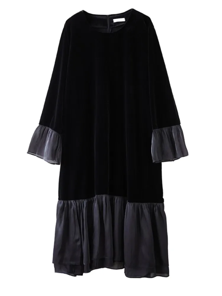 Robe surdimensionnée en velours pour femmes, rétro, Patchwork, évasée, manches longues, robes amples, printemps automne