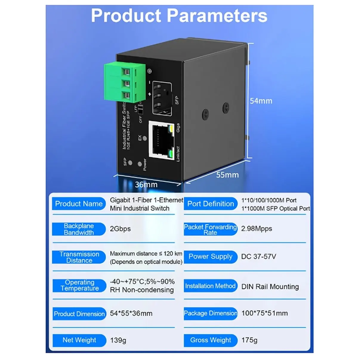N86R Upgrade Industrial POE Switch 1 Gigabit RJ45 Port 1 Gigabit Port with DIN Rail BT90W POE Output Plug and Play