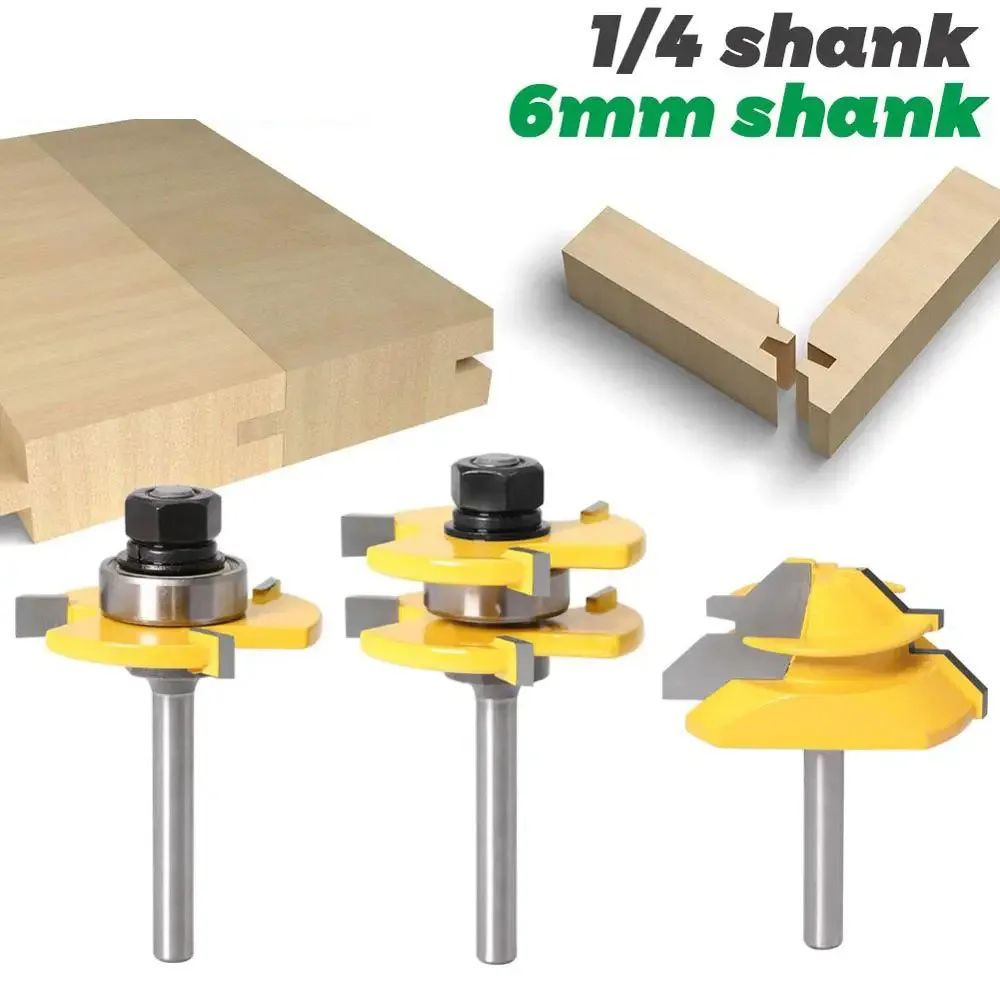 3개 세트 1/4인치 6mm 생크 밀링 커터 나무 조각 홈 가공 라우터 비트 도구 세트 (45도 포함) °   마이터 비트 킥백 방지 잠금 장치