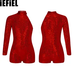 Kids Girls Sequins Dance Leotards Single Long Sleeve Texture Decorated Invisible Zipper Closure Back Jazz Shiny Jumpsuit