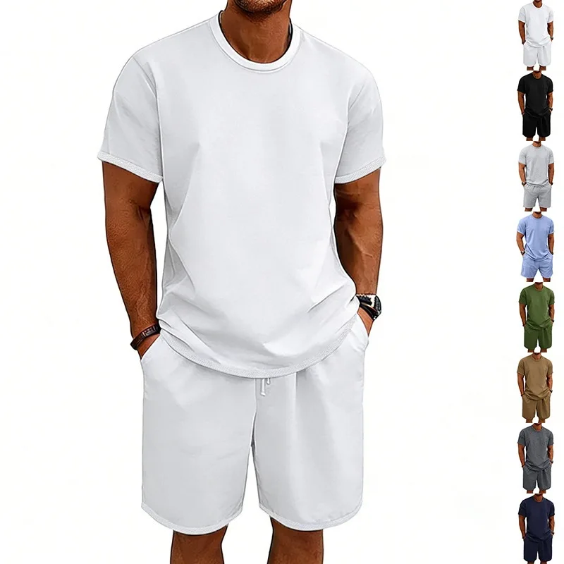 

Cross-border loose and heavy summer men's solid color sports and leisure simple round neck terry short-sleeved shorts set