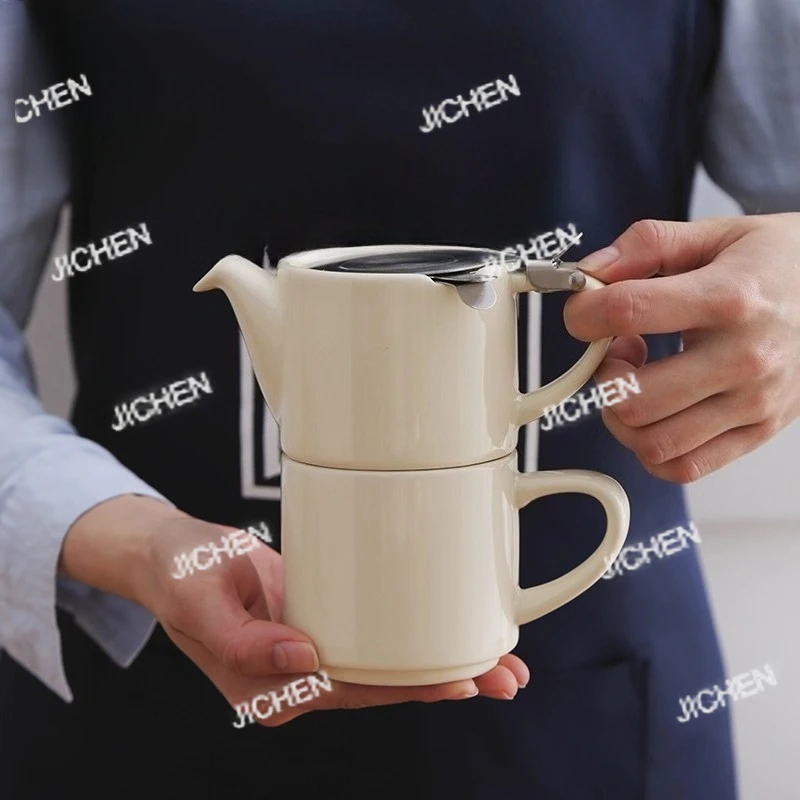 Tetera Inglesa de Porcelana Beige Crema con Diseño Floral para Té de la Tarde con Filtro para Té