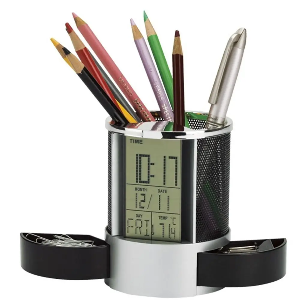 Digital LCD Clock Pen Holder Time Display Temp Electronic Pencil Organizer Wire Mesh 2 Drawers Perpetual Calendar Pencil Cup