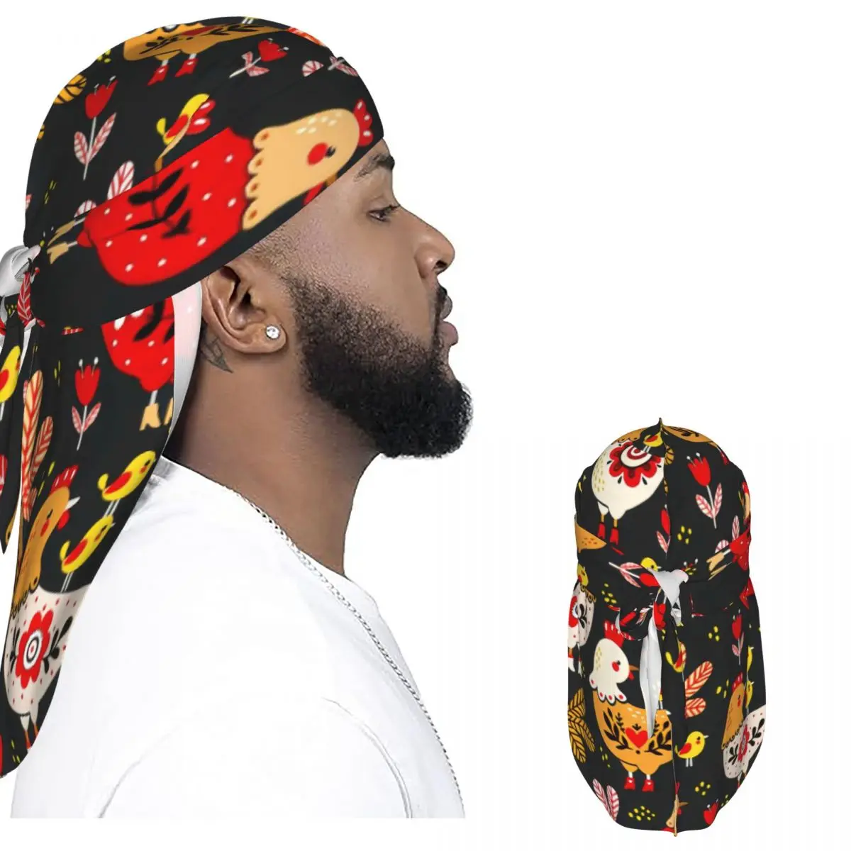 Men Satin Durag Long Tail Doo Rag Rooster Hens And Chickens Background Hip Hop Headwrap Hair Scarf