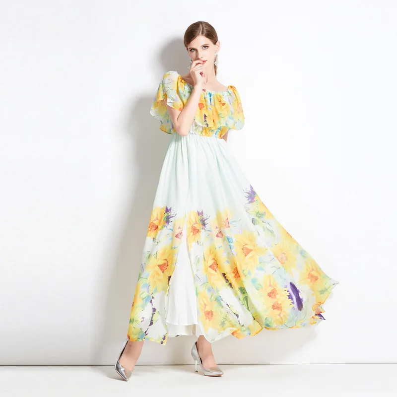 Summer Flounce Swing Dress Women's Chic Boat Neck Beach Dresses Fashion Ruffle Side-slit Chiffon Long Skirt Elegant Prom Dresses