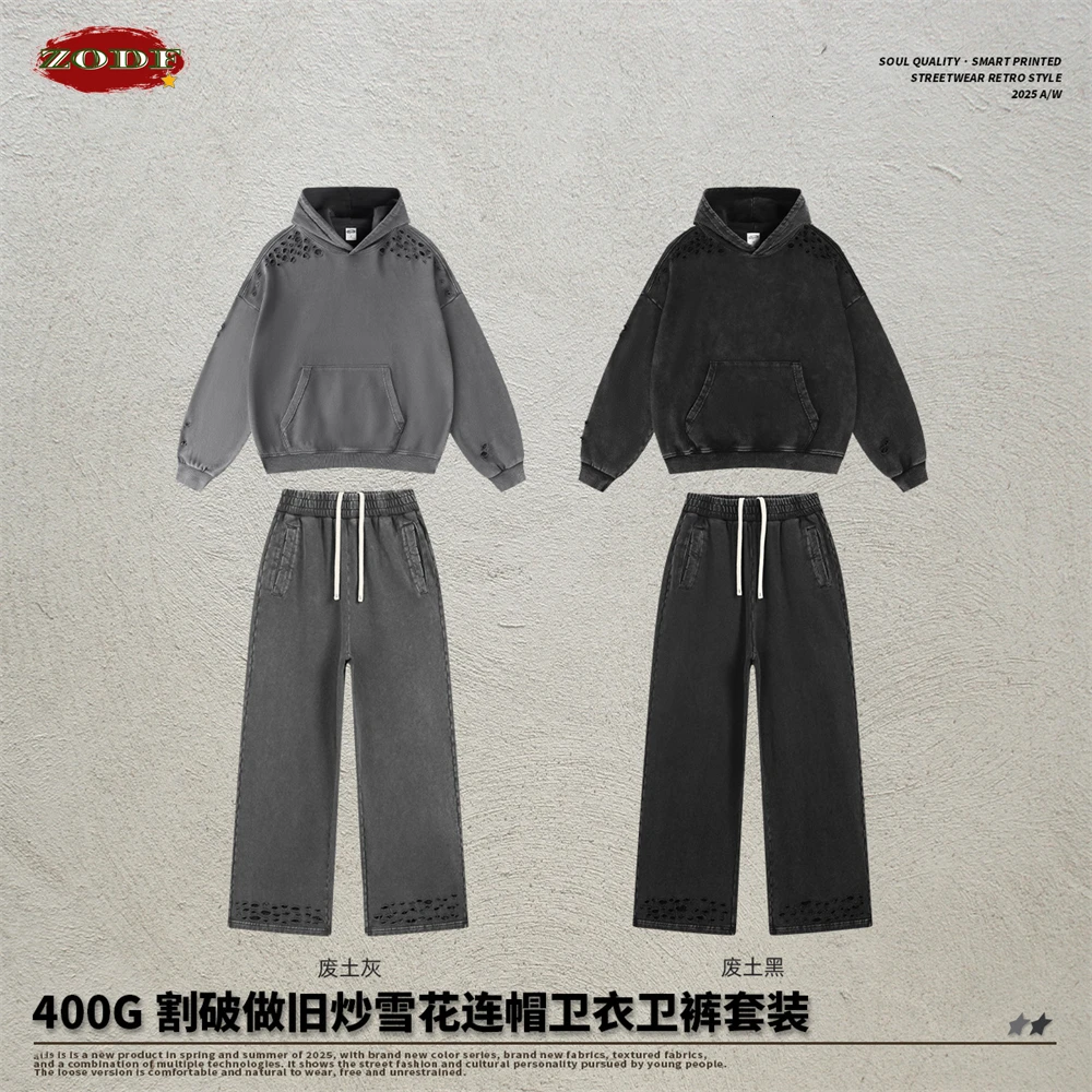 ZODF Retro 2025 Autumn Men Washed Cotton Hoodie Pants Unisex High Street Distressed Oversized Solid Terry Clothing Set HY1096