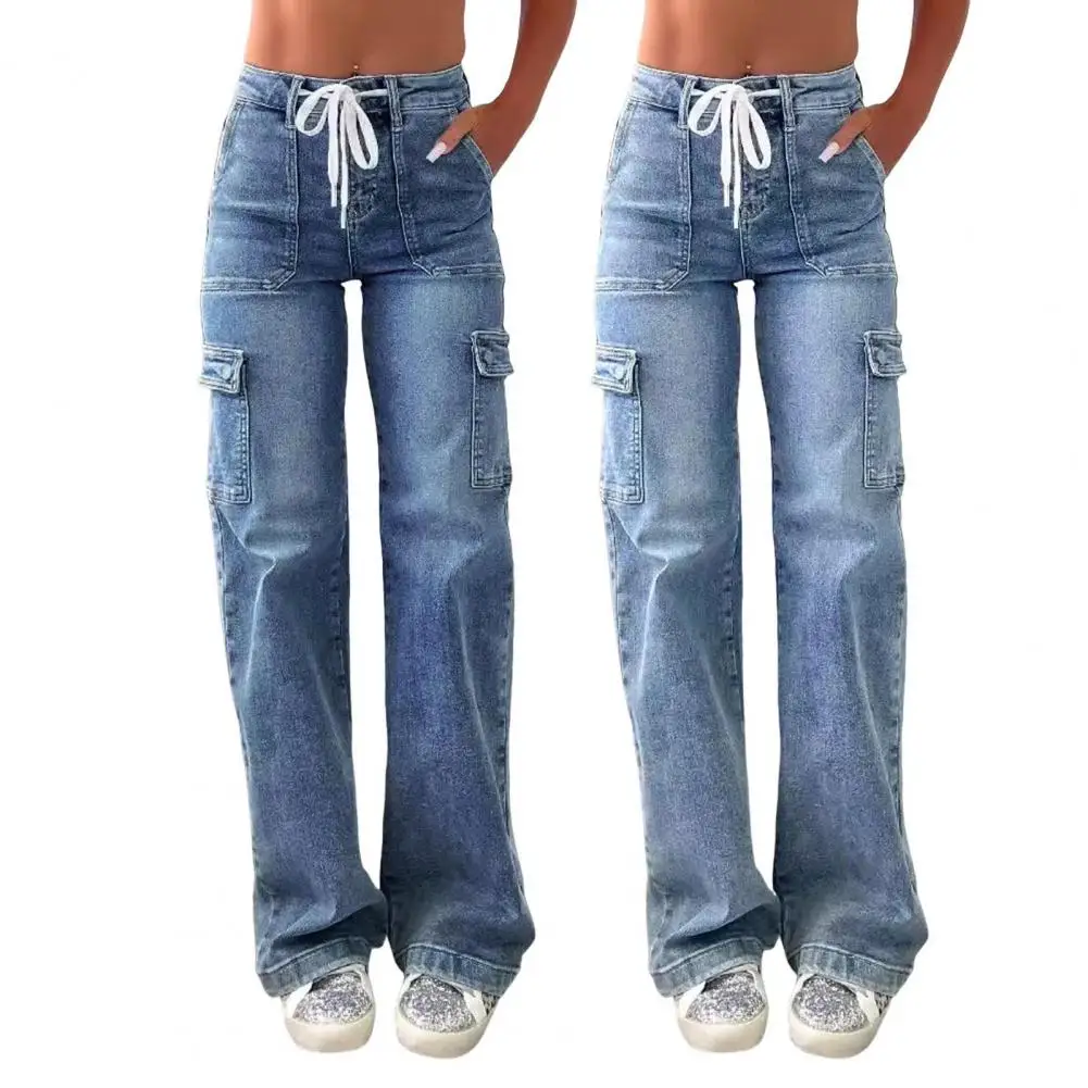 

Summer Women Cargo Jeans Straight Wide Leg Denim Pants With 6 Pockets Mid Waisted Casual High Stretch Baggy Jeans