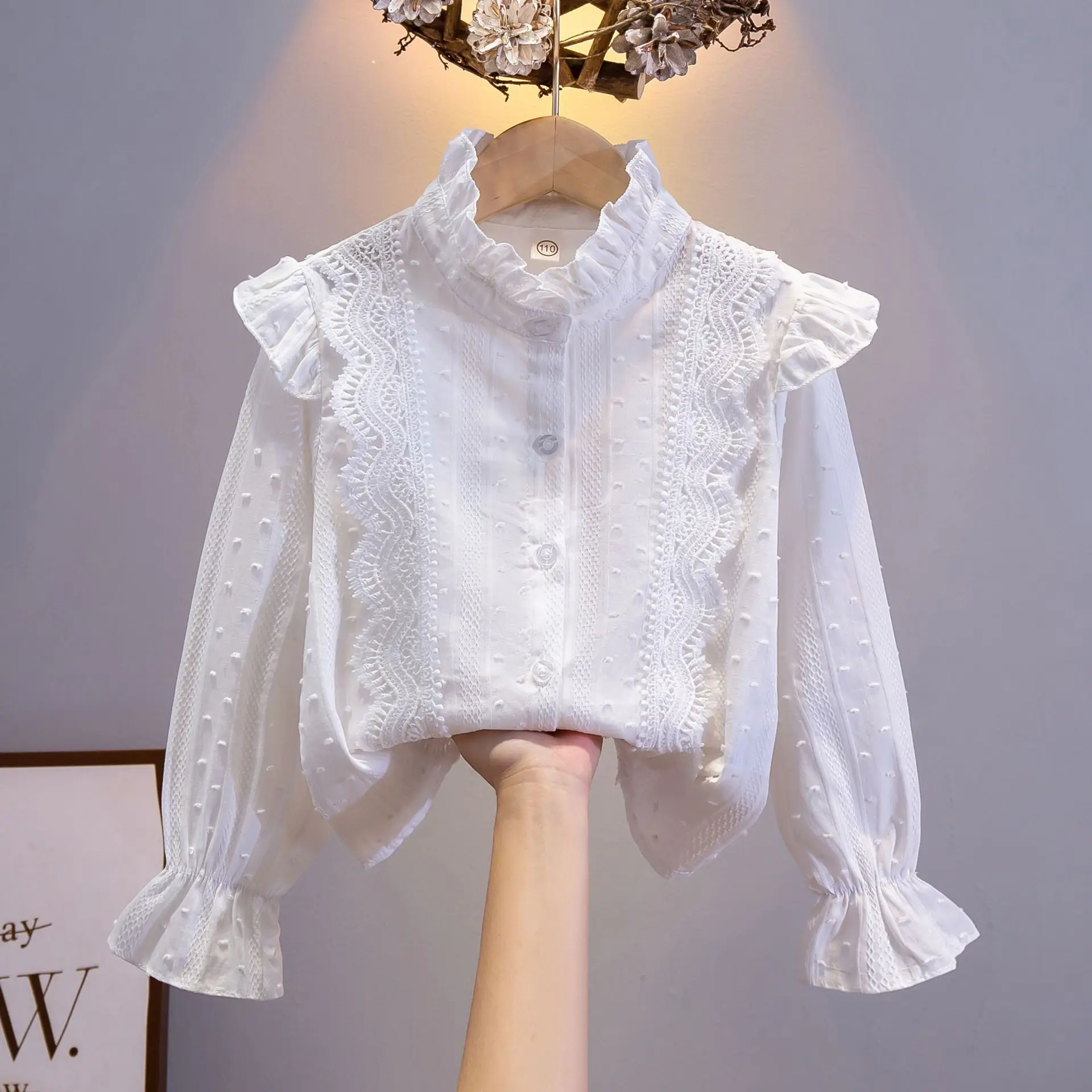 Spring Autumn New Girls' Pure Cotton Shirt Fashionable Stand Up Collar Shirt Kids All-match Long Sleeve Top Shirt