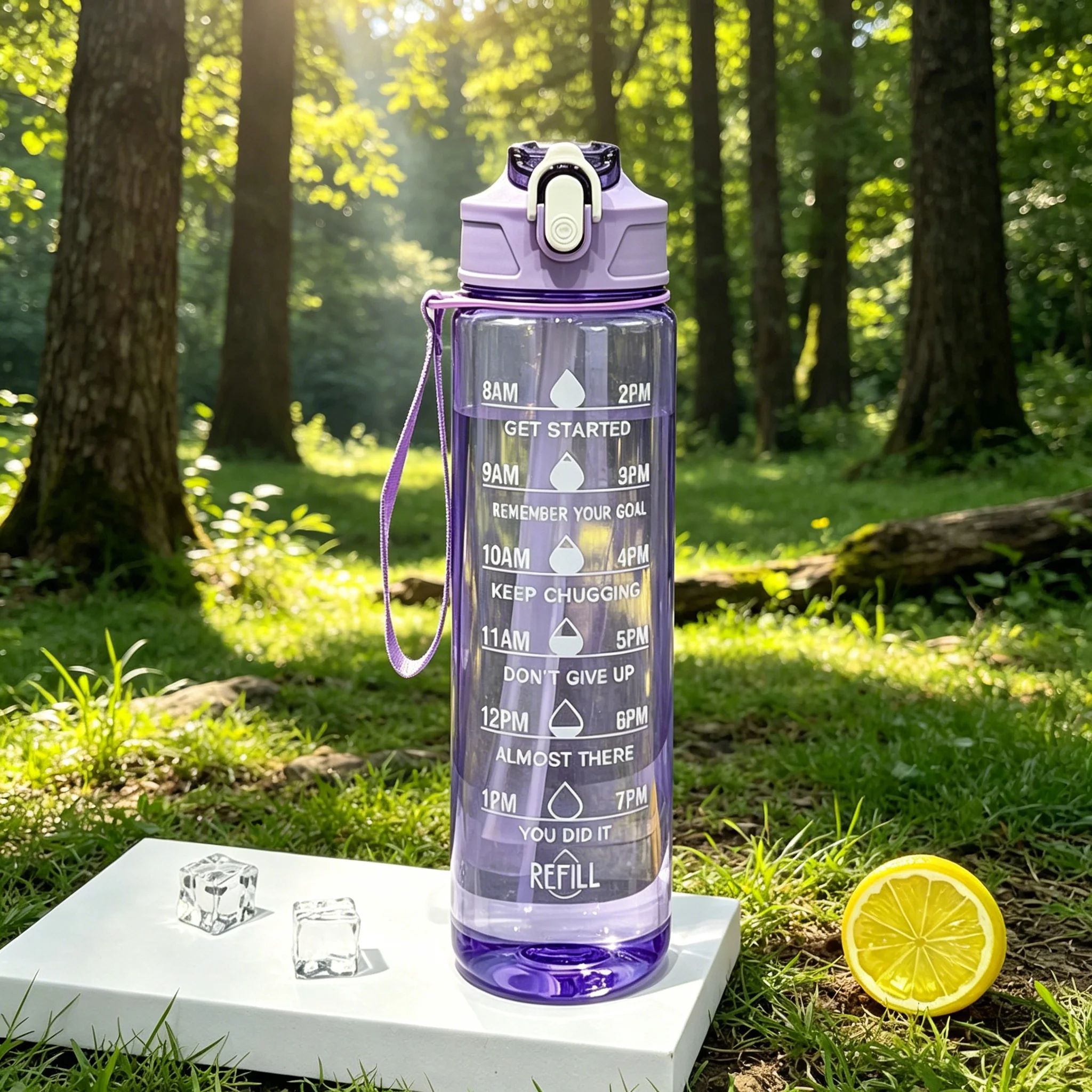 Motivational Time Marker Plastic Water Bottle, Flip‑Top Leakproof Drinking Cup with Carry Strap for Fitness Outdoor Sports