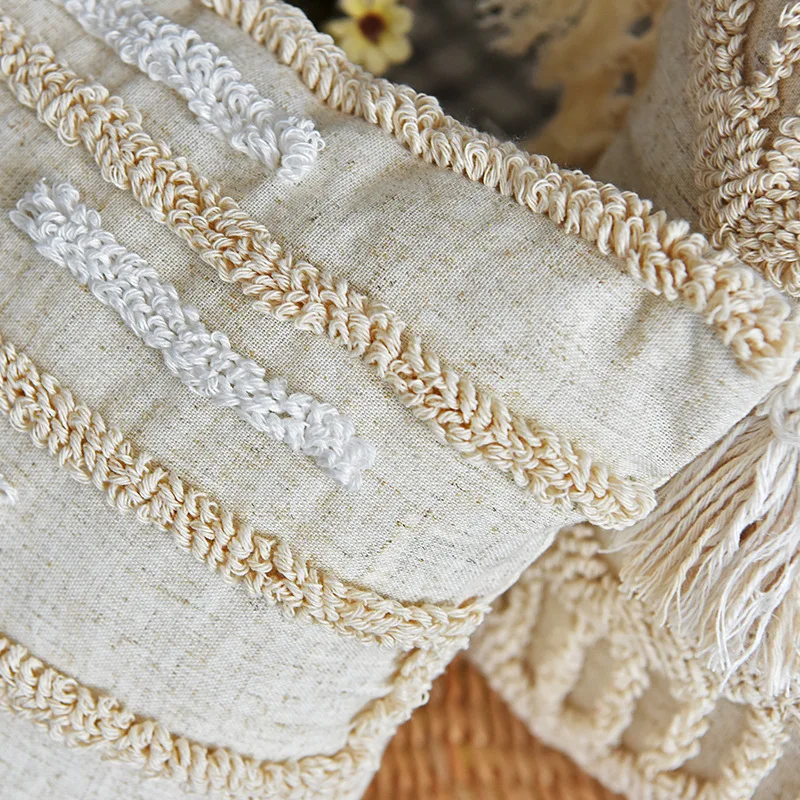 Boho Loop Tufted Pillowcase Cotton Linen Wabi-sabi Tassel Cushion Cover Candy Shaped Lumbar Pillow Cover Home Sofa Decorative
