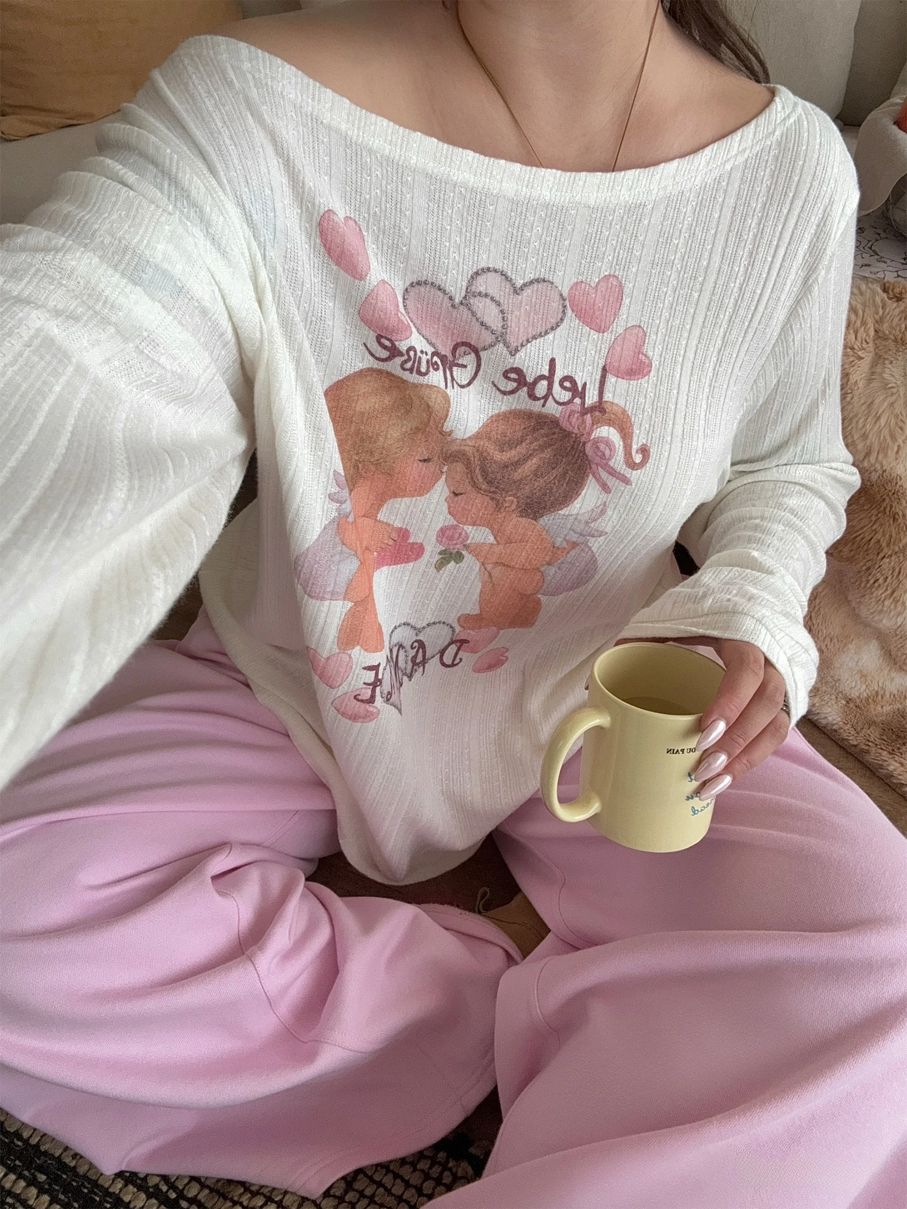 

Boolibyoo Vintage Angel Kids Series Large Size Faionable Printed Slant oulder Lantern Sve T-irt Women's Cotton Blend