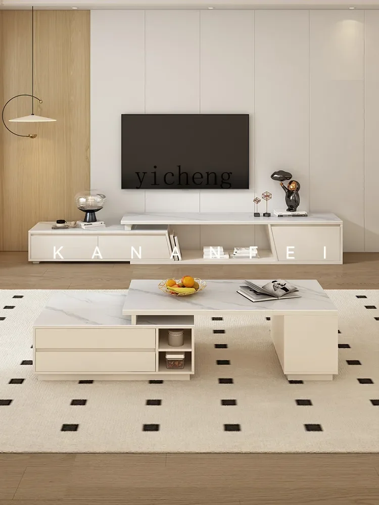 i10.9-Solid Wood Stone Plate Coffee Table TV Cabinet Combination Modern Minimalist Living Room Floor Retractable TV Stand