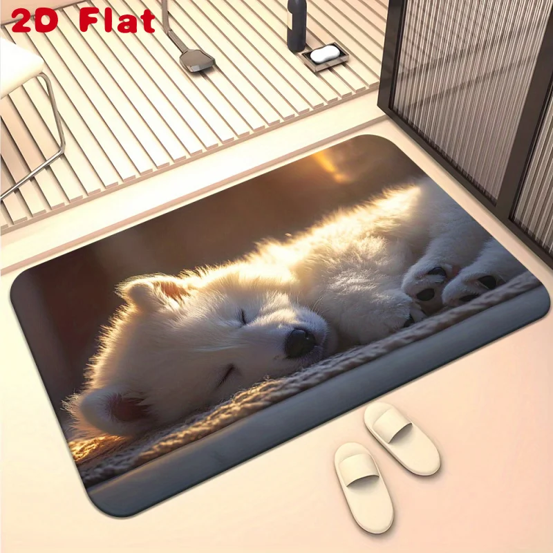 2D Flat Sleeping Samoyed Puppy Golden Light Flannel Bath Mat Non Slip Cute Dog Rug For Bathroom Bedroom Floor Decor