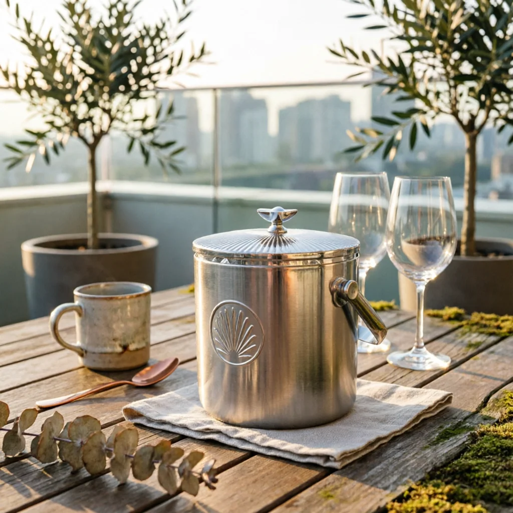 Ice Container with Lid Polished Stainless Steel Ice Container Wine Chiller Tabletop Barware Non-Sweat for Hosts, Home Bar