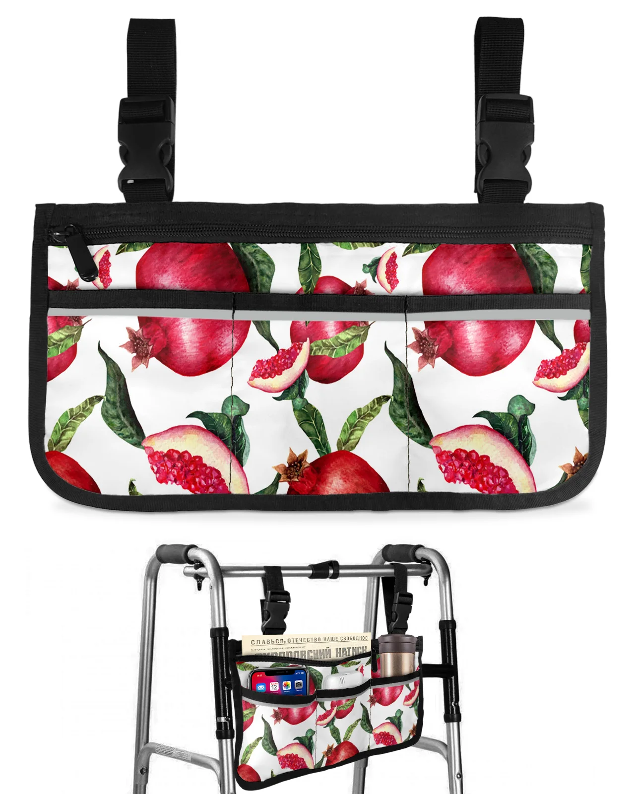 Summer Fruit Red Pomegranate Green Leaf Wheelchair Bag Armrest  Side Bags Electric Scooter Walking Frame Storage Pouch