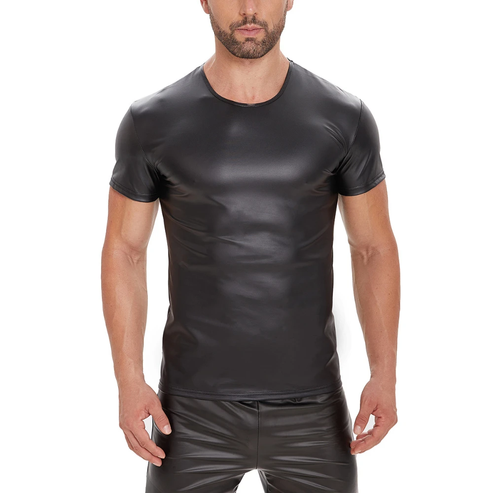 Mens Shiny Wet Look Short Sleeve Top Crew Neck Blouse Nightclub Dance Costume Club Party Pole Punk Tee Shirts Sexy Bodybuilding