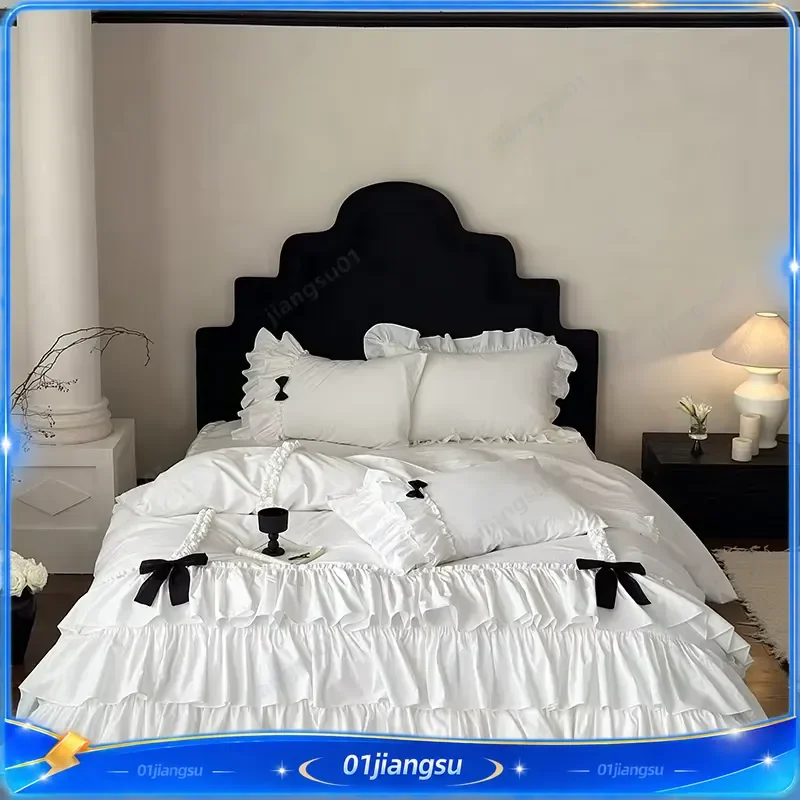 100 Percent Washed Cotton White French Princess Style Bedding Set Three Layer Ruffles Bow Duvet Cover Bedskirt Bedspread
