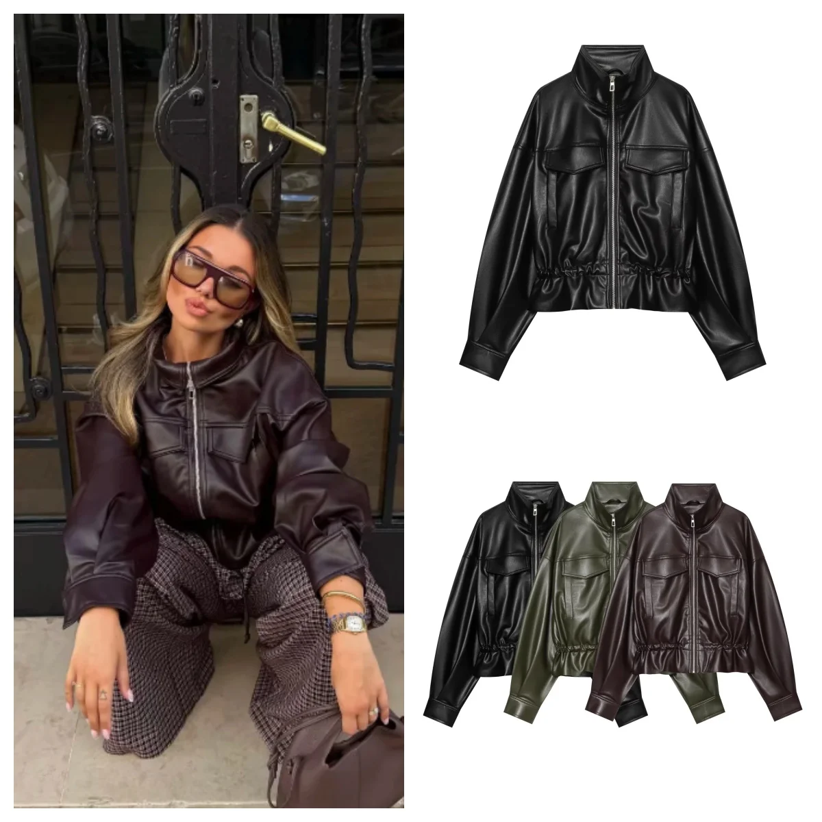 Women Autumn Winter New Faux Leather Cropped Jacket Stand Collar Zip Up Drawstring Waist Loose Long Sleeve PU Leather Outerwear