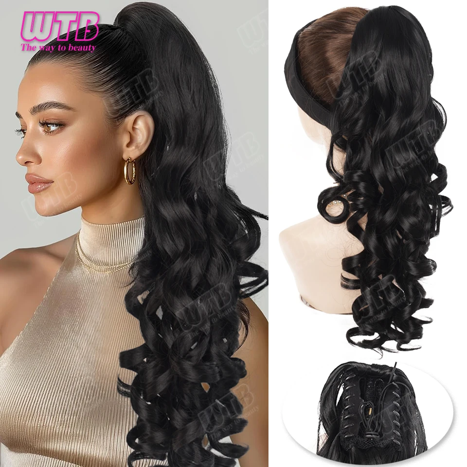 WTB 50 CM Synthetic Ponytail Wig with Clip Style Black Roman Curl Ponytail Wig Suitable for Women's Daily Wear and Holidays