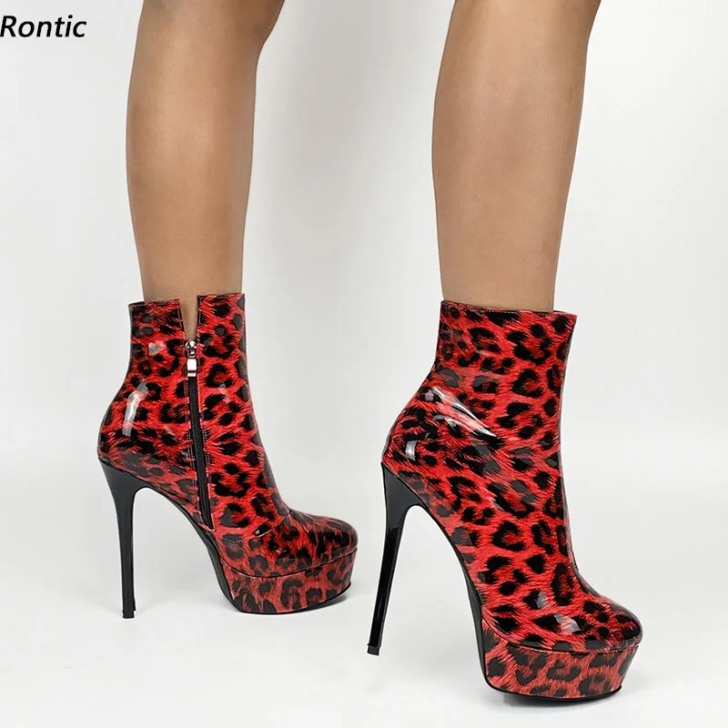 Rontic Women Winter Platform Ankle Boots Patent Unisex Side Zipper Stiletto Heels Round Toe Gorgeous Party Shoes US Size 5-20