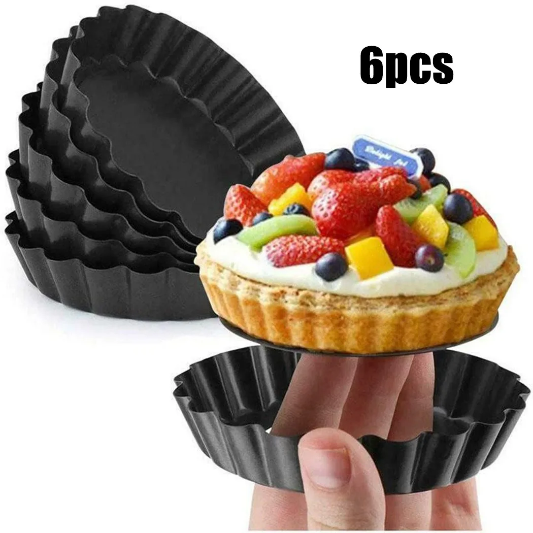 6pcs 4 Inch Cake Pans Baking Mold Non Stick Removable Bottom Mini Tart Pans Set Carbon Steel Tart Tins Cases Kitchen Tools