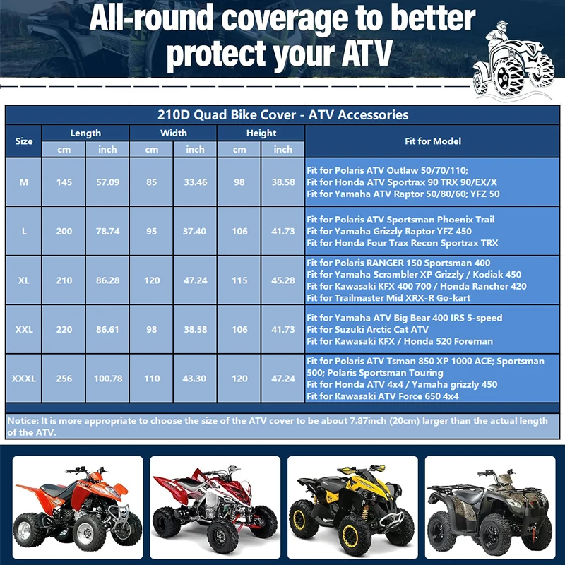 210D Quad Bike ATV Cover Thick Waterproof Motorcycle Cover for UTV Motorbike Scooter Outdoor Weather Protection ATV Accessories