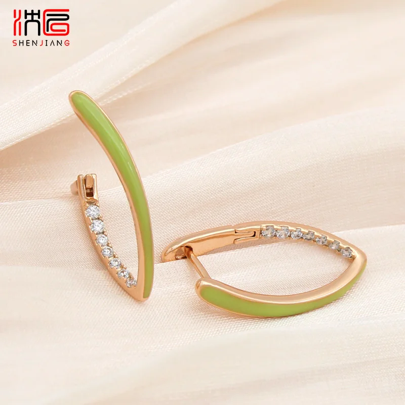 SHENJIANG New Fashion Green Enamel Drop Earrings For Women Girl Wedding 585 Rose Gold Color Jewelry Cubic Zirconia Eardrop