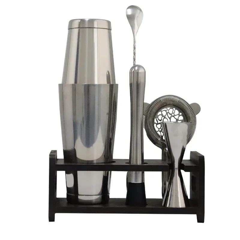 304 Stainless Steel Bar Tool Set with Wooden Storage Rack 6 Piece American Boston Cocktail Shaker Kit for Bartender Home