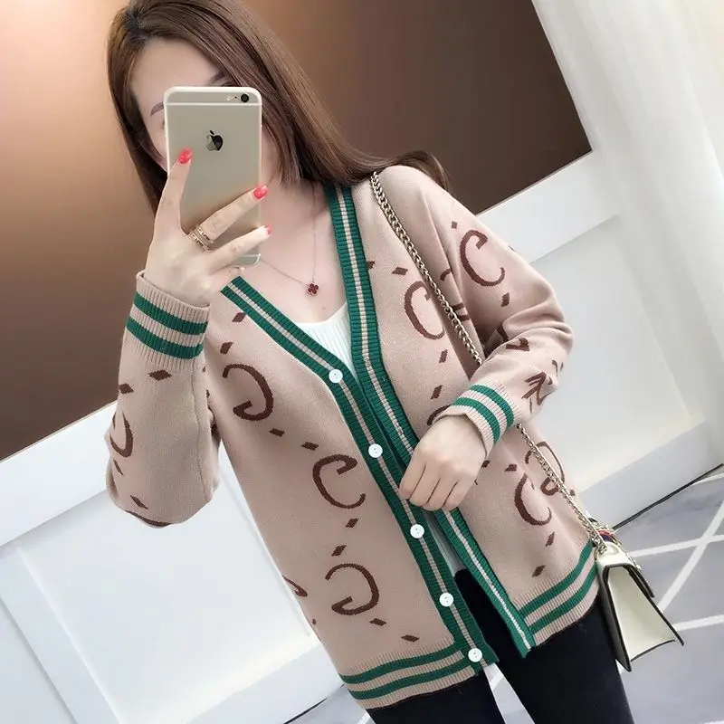 Autumn Winter Fashion Loose Printing V-neck Long Sleeve Sweater Coat Women Clothing All-match Patchwork Knitting Cardigan Tops