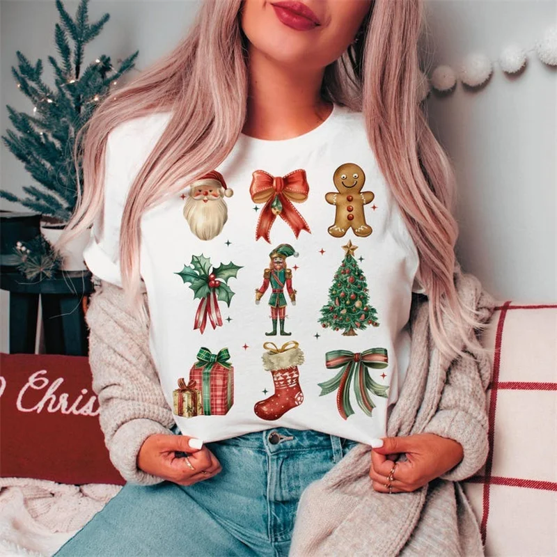 

Christmas Gift Cartoon Printed Pattern Casual Basic Top Regular Women's Cartoon O-Neck Street Style White Short Sleeved T-Shirt