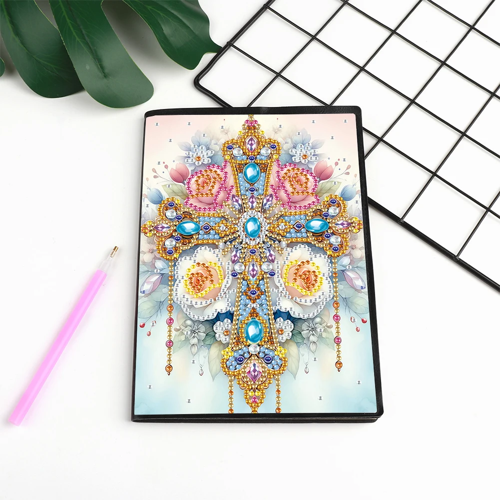 Flower Cross 5D Diamond Painting Notebook DIY Special Shaped Diamond Painting Notebook Diamond Art Notebook Kits for Adults Kids