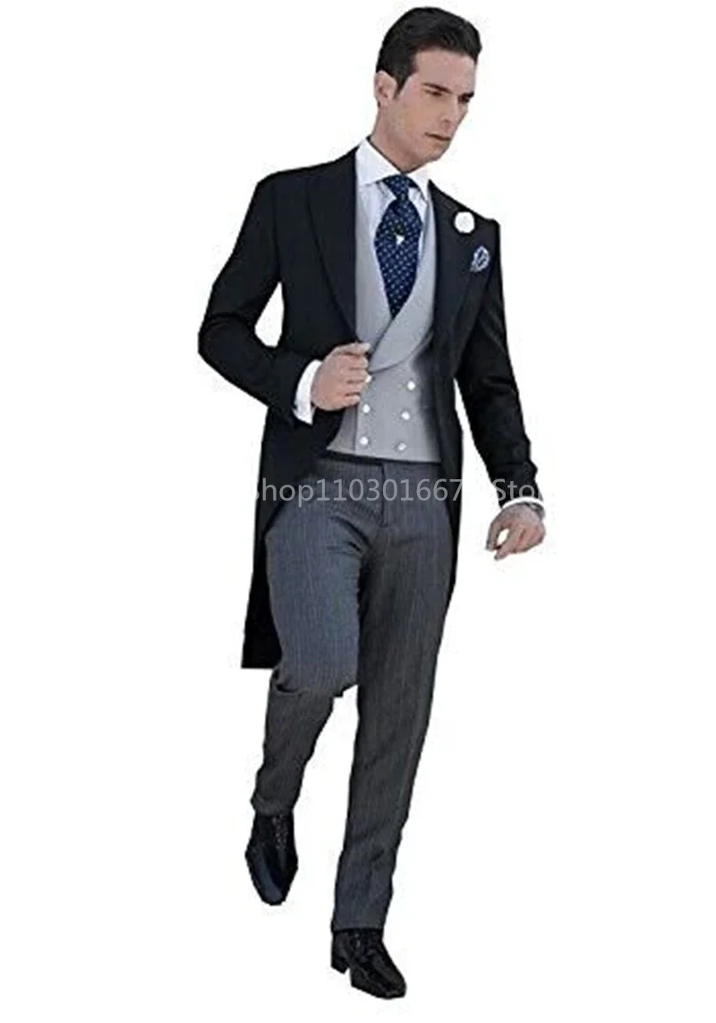 Black Long Tail Blazer 3 Pieces Gentleman Male Suit Men\'s Fashion Groom Tuxedo for Wedding Party Prom Jacket Vest with Pants