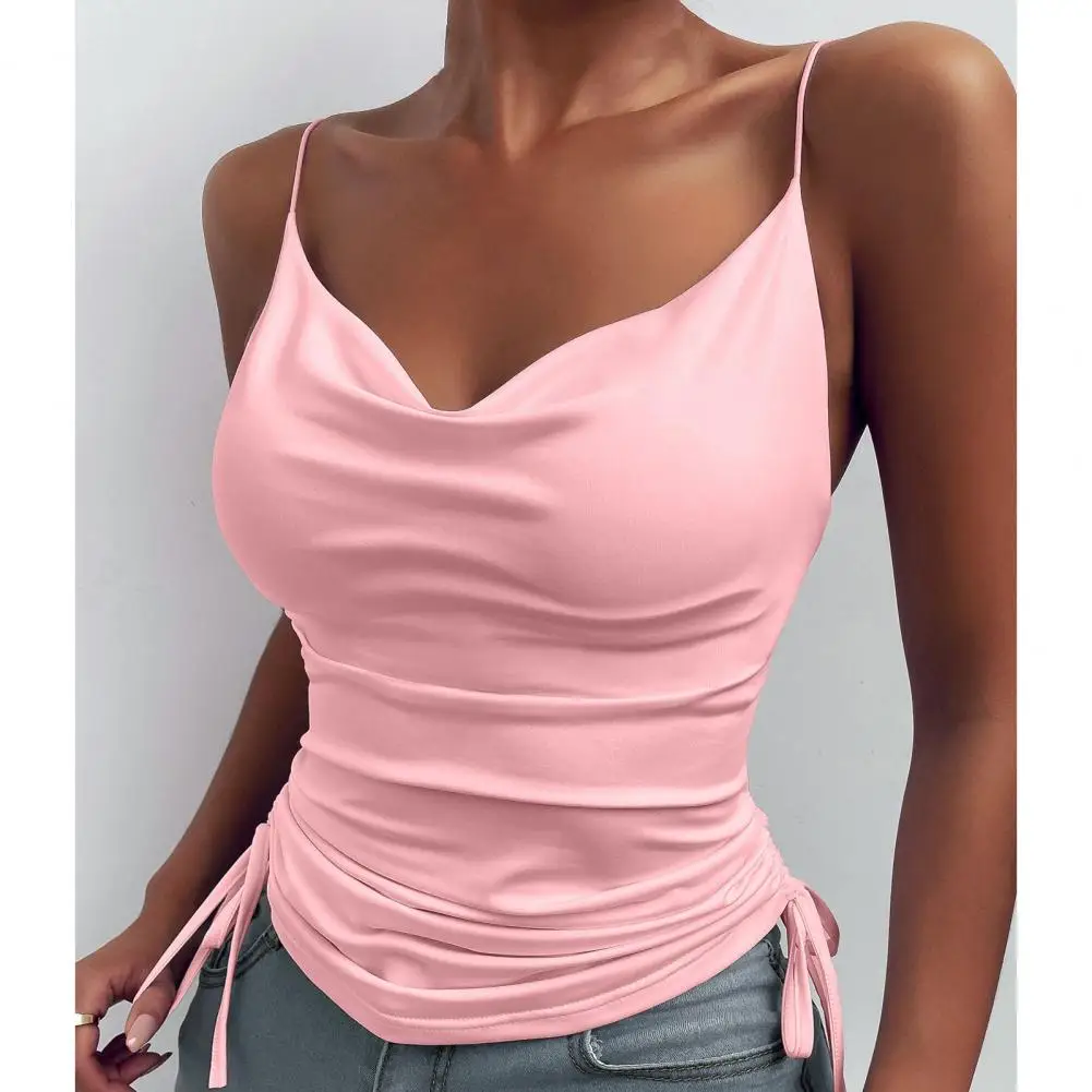 Women's Solid Tank Top V Neck Camisole Cami Drawstring Spaghetti Strap Top Sleeveless Blouse Tank Shirt New Summer Crop Top