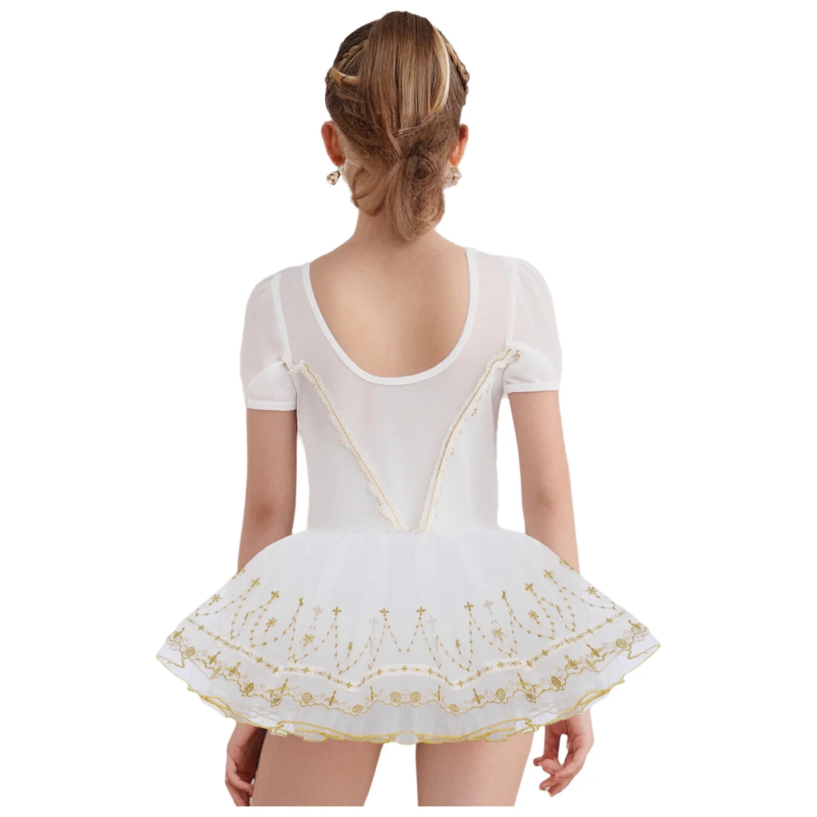 Girls Ballet Dress Short Sleeve Sheer Mesh Patchwork Lace Trim Embroidery Hem Tutu Dress Ballerina Dance Performance Costume