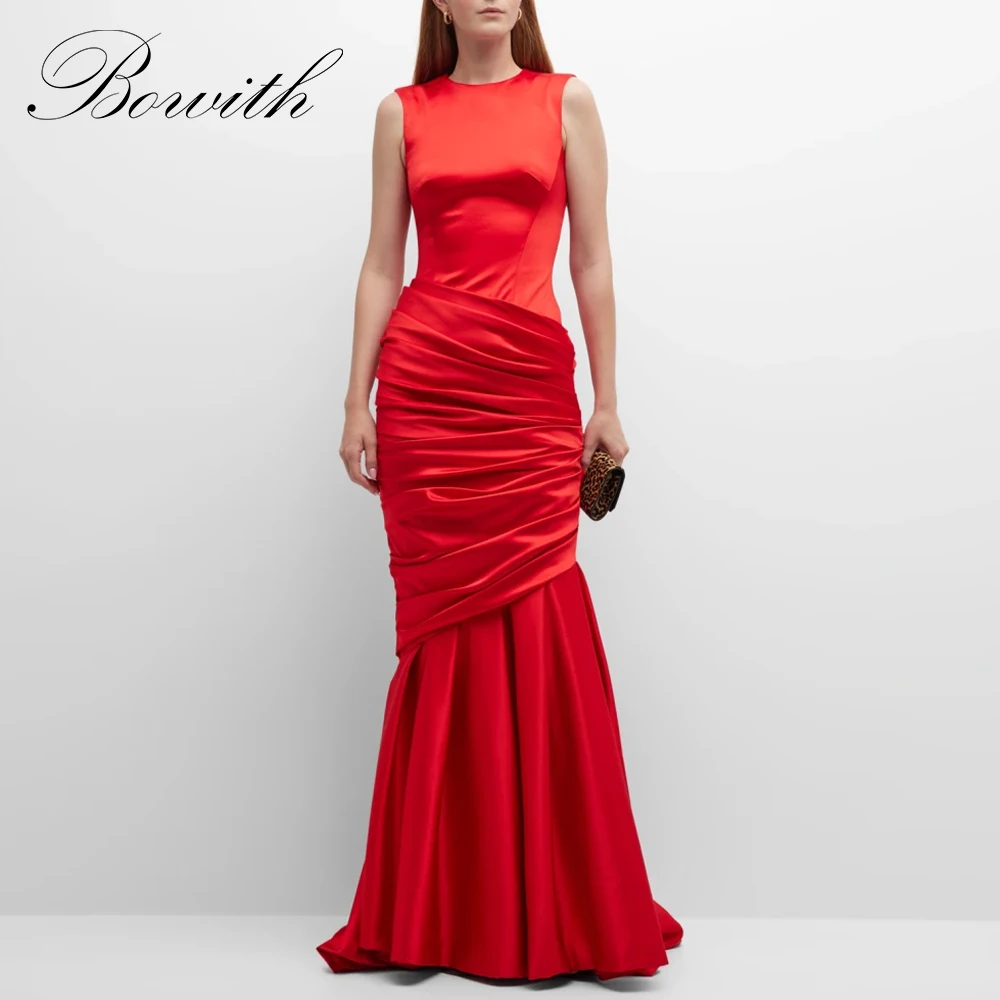 

Bowith Gorgeous Red Evening Dresses Mermaid Women O-Neck Sleeveless Party Dresses Customized Prom Dresses Draped Party Gown