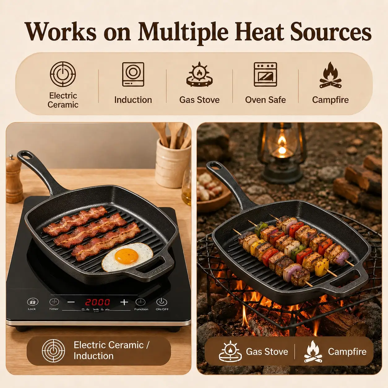 1PC Black Square Striped Steak Pan,Thick Cast Iron Skillet With Auxiliary Handle, Multi-Function Induction Grill Pan, Compatible With All Stoves, Easy Clean, Portable Camping Griddle Pan For Outdoor Cooking, Family Gatherings & Restaurant Use