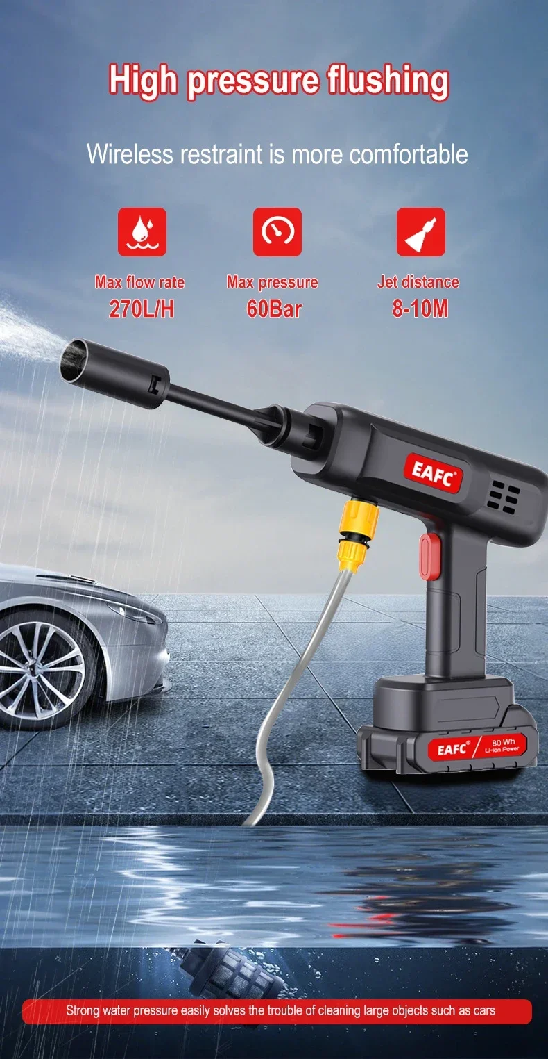Leistungsstarker wiederaufladbarer elektrischer Akku-Hochdruckreiniger mit 60 Bar, wiederaufladbare Wasserpistole für Auto, Haus und Garten – Detail 5