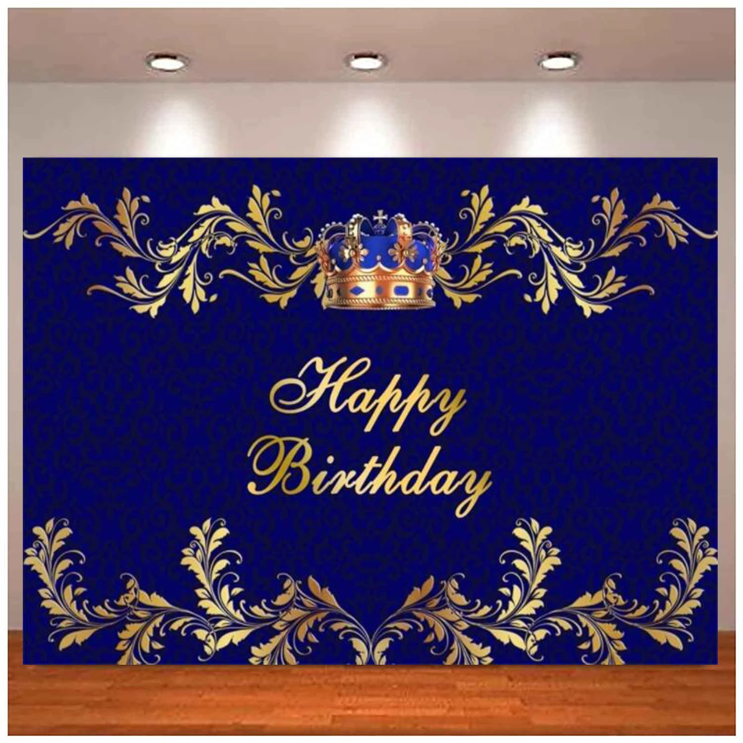 

Royal Blue Happy Birthday Photography Backdrop Gold King Crown Floral Background For Boy Prince Baby Kids Men Bday Party Decor