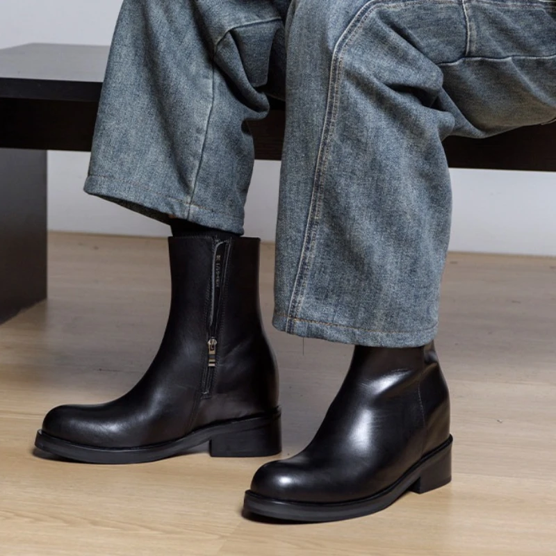 Genuine Leather 8.5cm Height Increased Fashion Chelsea Boots Shoes Men's Pointed Tip Midsole Boots High Heels Dark Wizard Boots