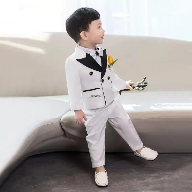 Children White Wedding Suit Prince Kids Jacket Pants Photograph Suit Flower Boys Tuxedo Dress Baby 1 Year Birthday Dress Costume